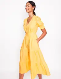Anna Linen Tiered Midi Dress-Buttermilk Yellow(Petite,2)