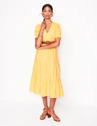 Anna Linen Tiered Midi Dress-Buttermilk Yellow(Petite,2)