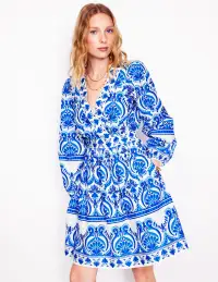 Mya Cotton Short Dress-Blue. Ornamental Floral(Petite,4)