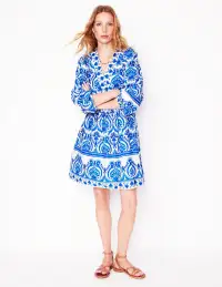 Mya Cotton Short Dress-Blue. Ornamental Floral(Petite,4)