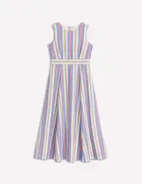 Sleeveless Linen Blend Dress-Bright Blue and Brown Stripe(Petite,2)