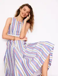Sleeveless Linen Blend Dress-Bright Blue and Brown Stripe