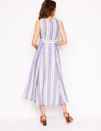 Sleeveless Linen Blend Dress-Bright Blue and Brown Stripe(Petite,2)