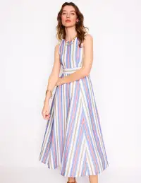 Sleeveless Linen Blend Dress-Bright Blue and Brown Stripe(Petite,2)