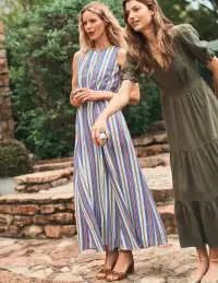 Sleeveless Linen Blend Dress-Bright Blue and Brown Stripe(Petite,2)
