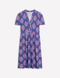 Naomi Short Sleeve Dress-Bright Blue. Wildflower Stamp(Petite,2)
