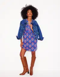 Naomi Short Sleeve Dress-Bright Blue. Wildflower Stamp(Petite,2)