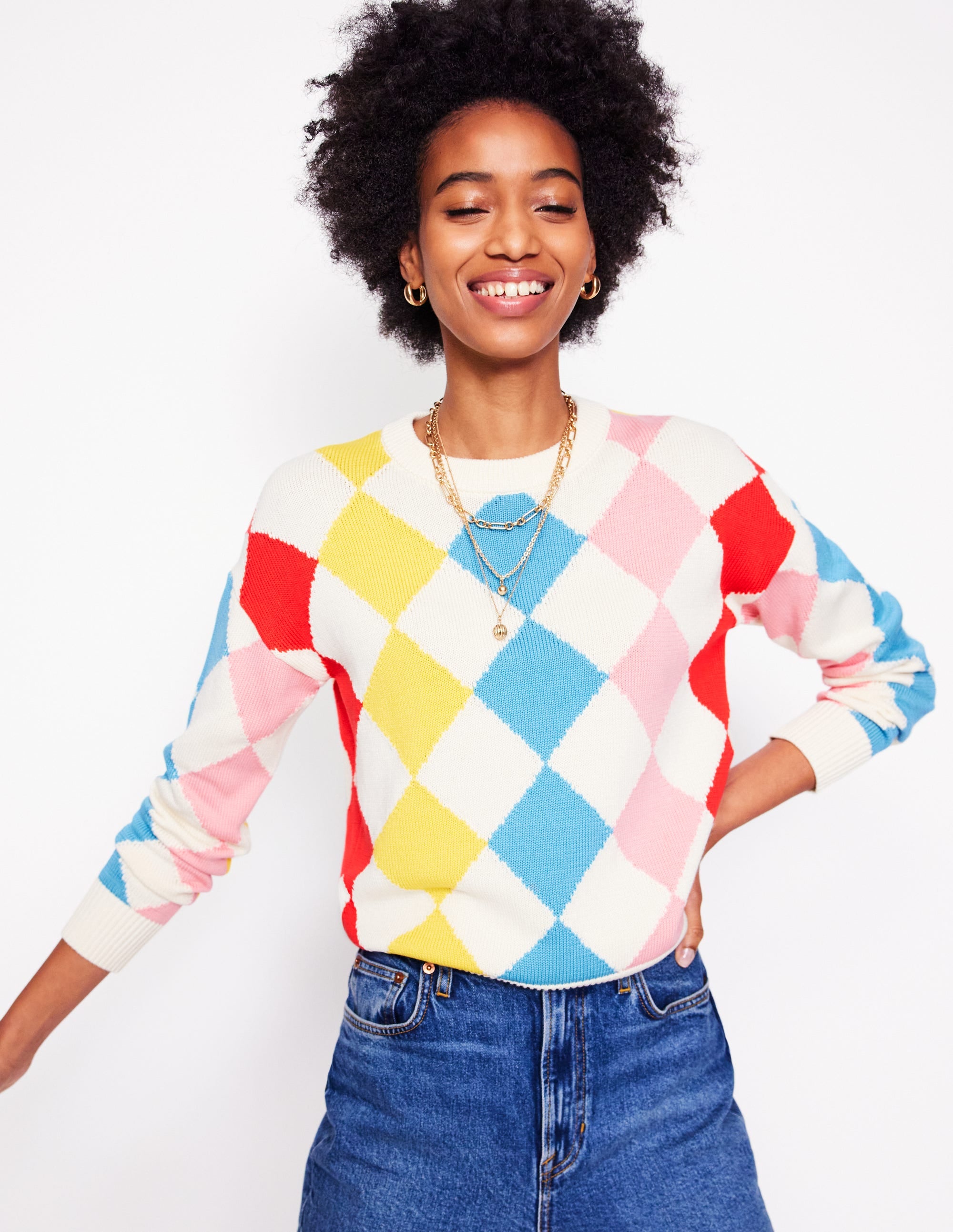 Cotton Argyle Sweater-Pink. Light Blue Argyle