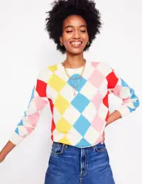 Cotton Argyle Sweater-Pink. Light Blue Argyle