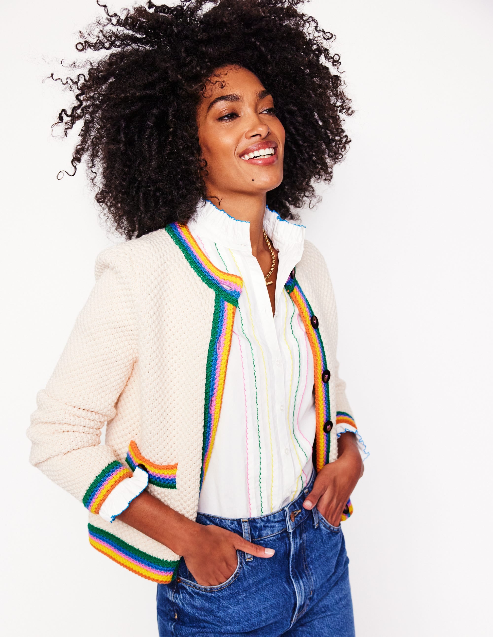 Libby Knitted Jacket-Warm Ivory. Rainbow