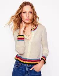 Josie Cropped Linen Cardigan-Warm Ivory. Multi Stripe