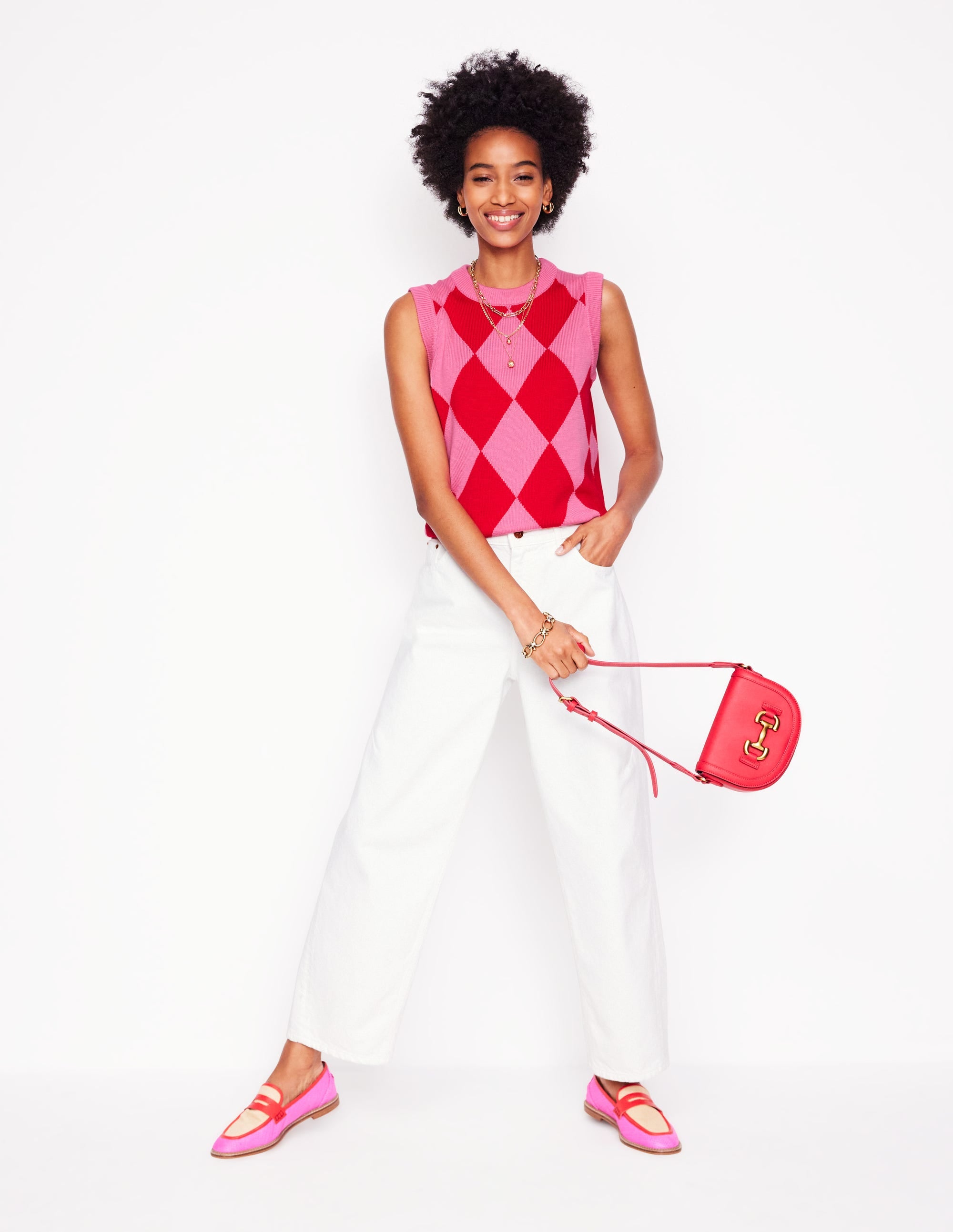 Cotton Argyle Vest-Pink Rose and Poppy Red Argyle