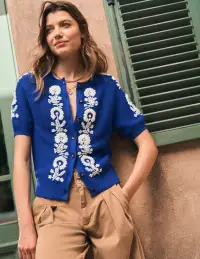Embroidered T-Shirt Cardigan-Bright Blue. Flowers