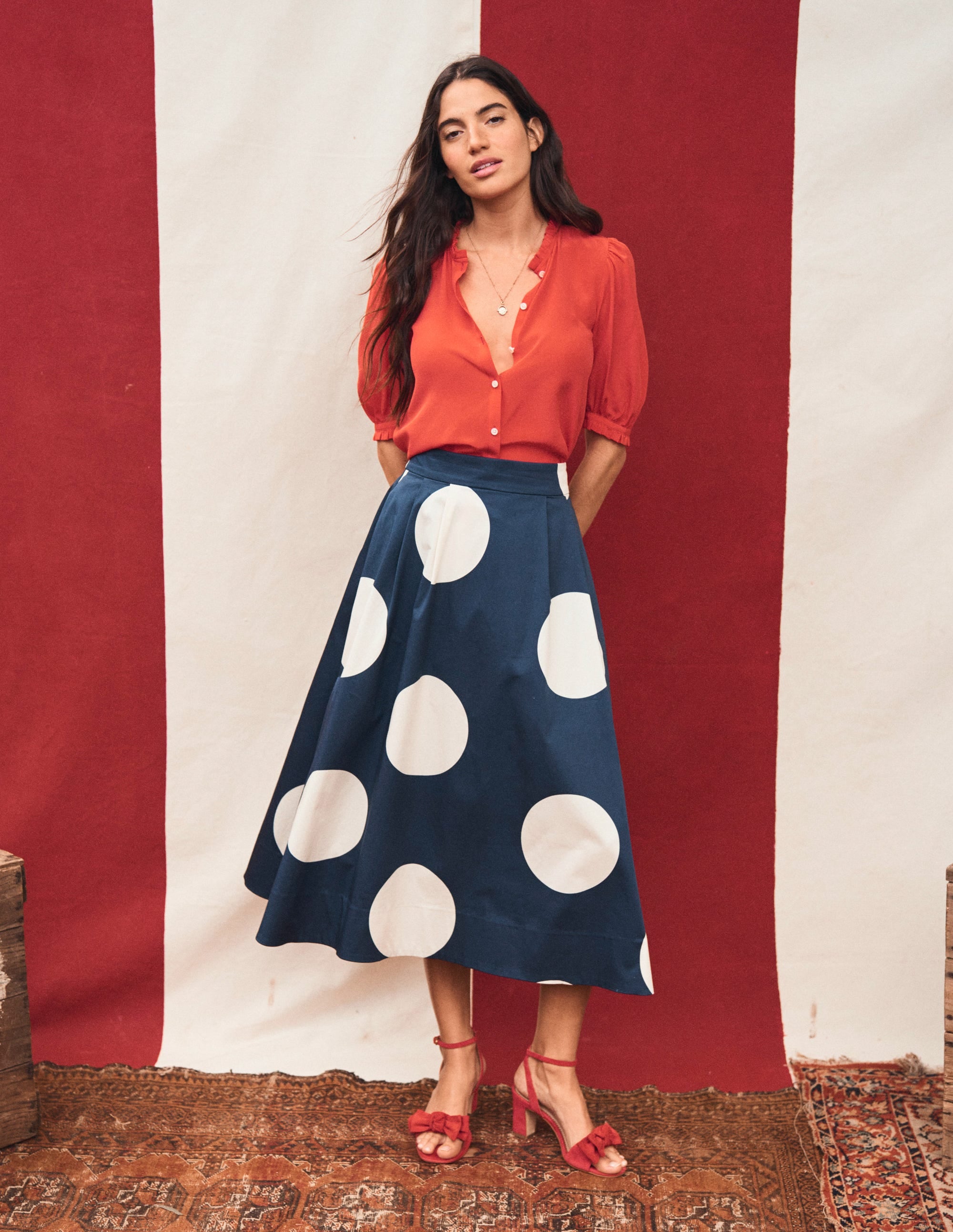 Isabella Cotton Sateen Skirt-Navy Spots
