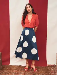 Isabella Cotton Sateen Skirt-Navy Spots