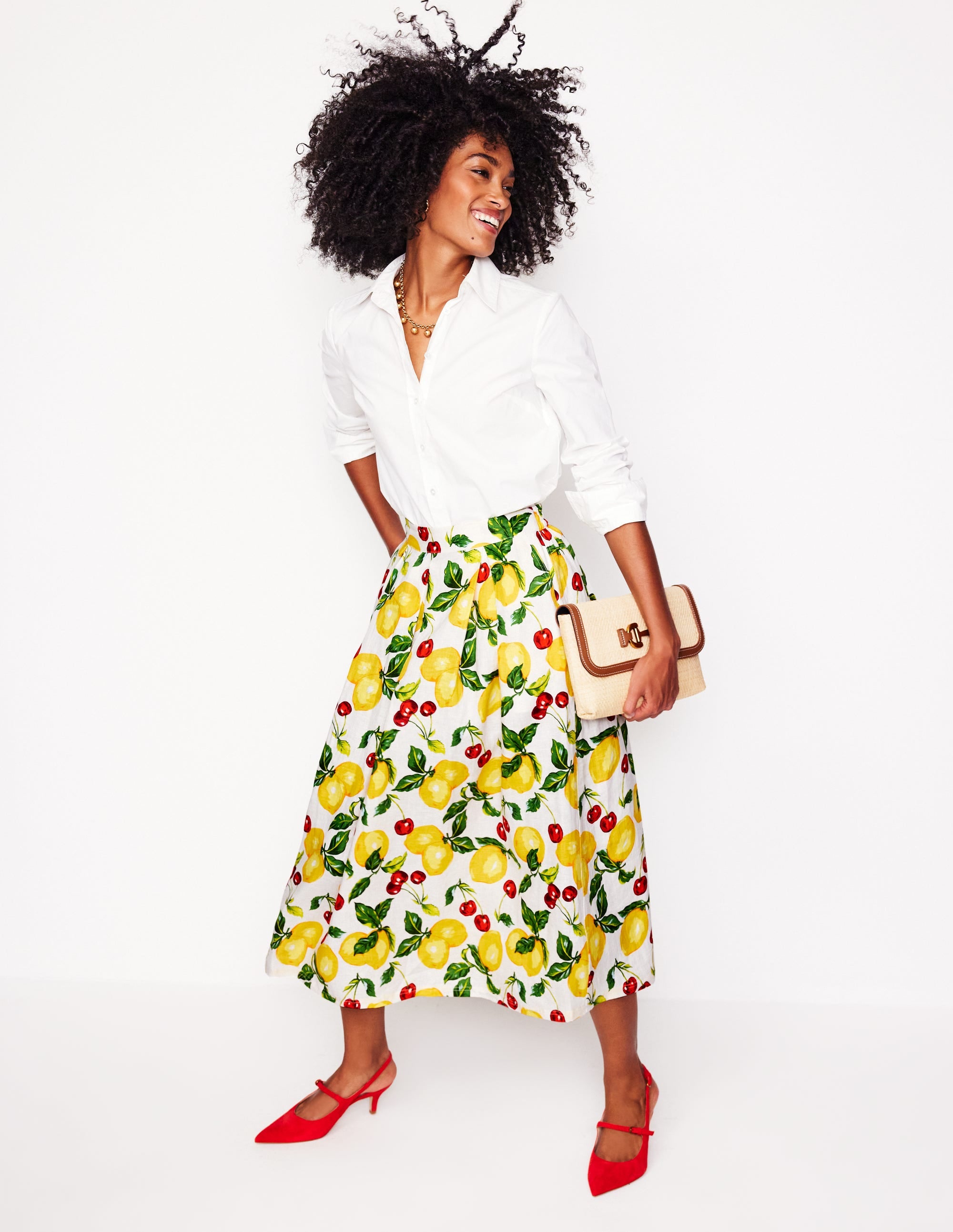 Verity Linen Midi Skirt-Ivory. Cherries and Lemons