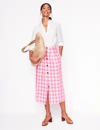 Thomasina Linen Midi Skirt-Pink Gingham