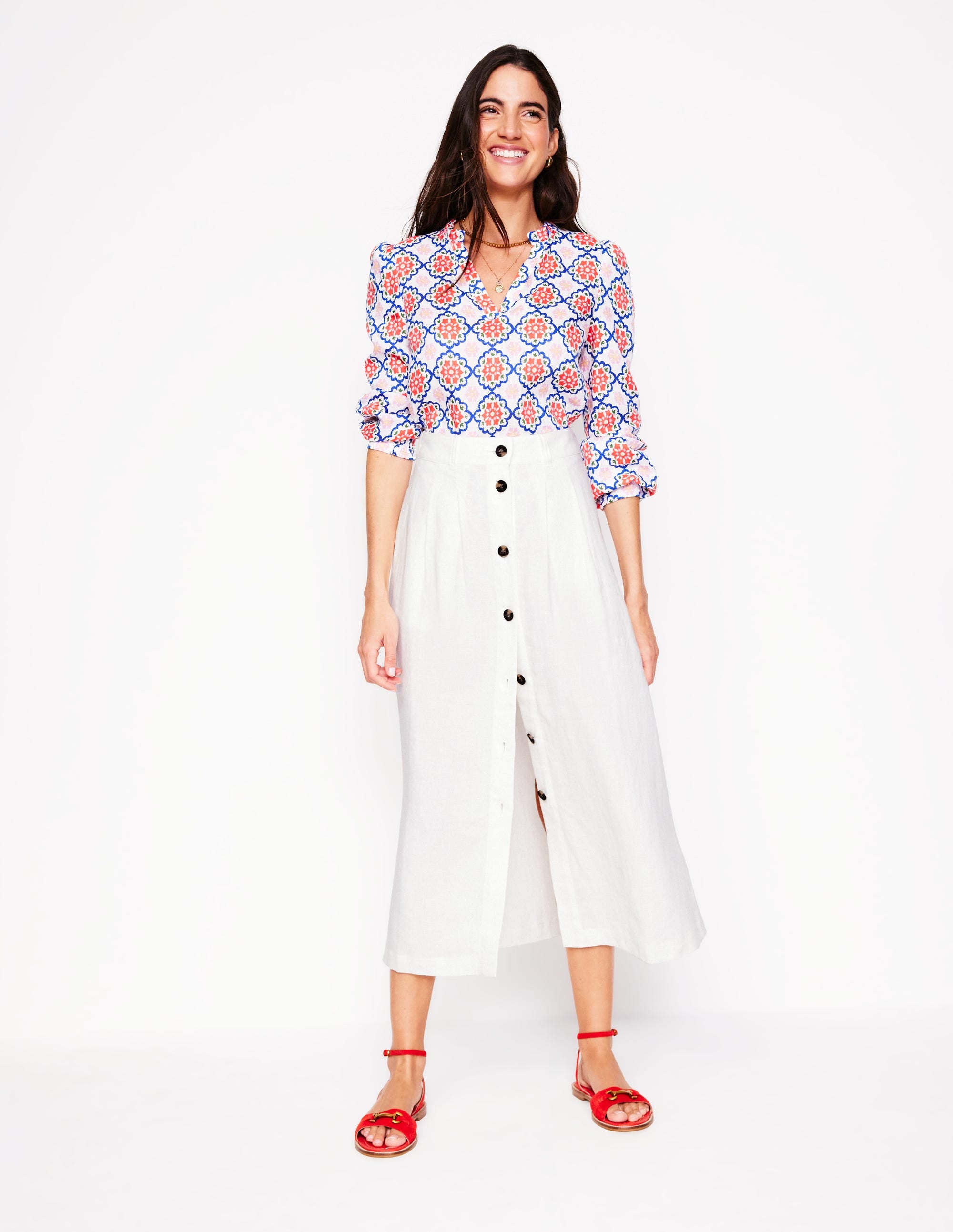 Thomasina Linen Midi Skirt-White
