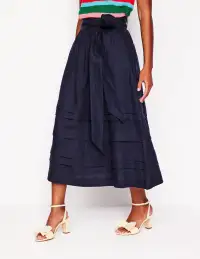Pintuck Linen Midi Skirt-Navy(2)