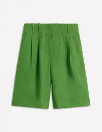 Pleat Linen Wide Leg Shorts-Green(2)