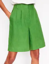 Pleat Linen Wide Leg Shorts-Green(2)