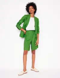Pleat Linen Wide Leg Shorts-Green(2)