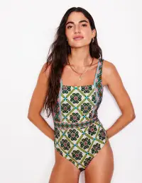 Lefkada Square Neck Swimsuit-Rich Emerald. Baroque Tile