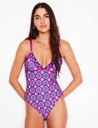 Kasos String V Neck Swimsuit-Cosmos Pink. Geo