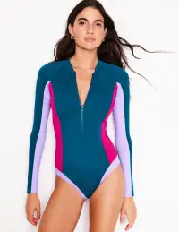Sporty Raglan Sleeve Swimsuit-Oceanside Blue