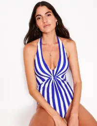 Ruched Loop Swimsuit-Blue and Ivory Stripe
