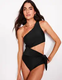 Asym Cut Tie Swimsuit-Black
