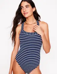 Scoop Cross Back Swimsuit-Navy/ Ivory