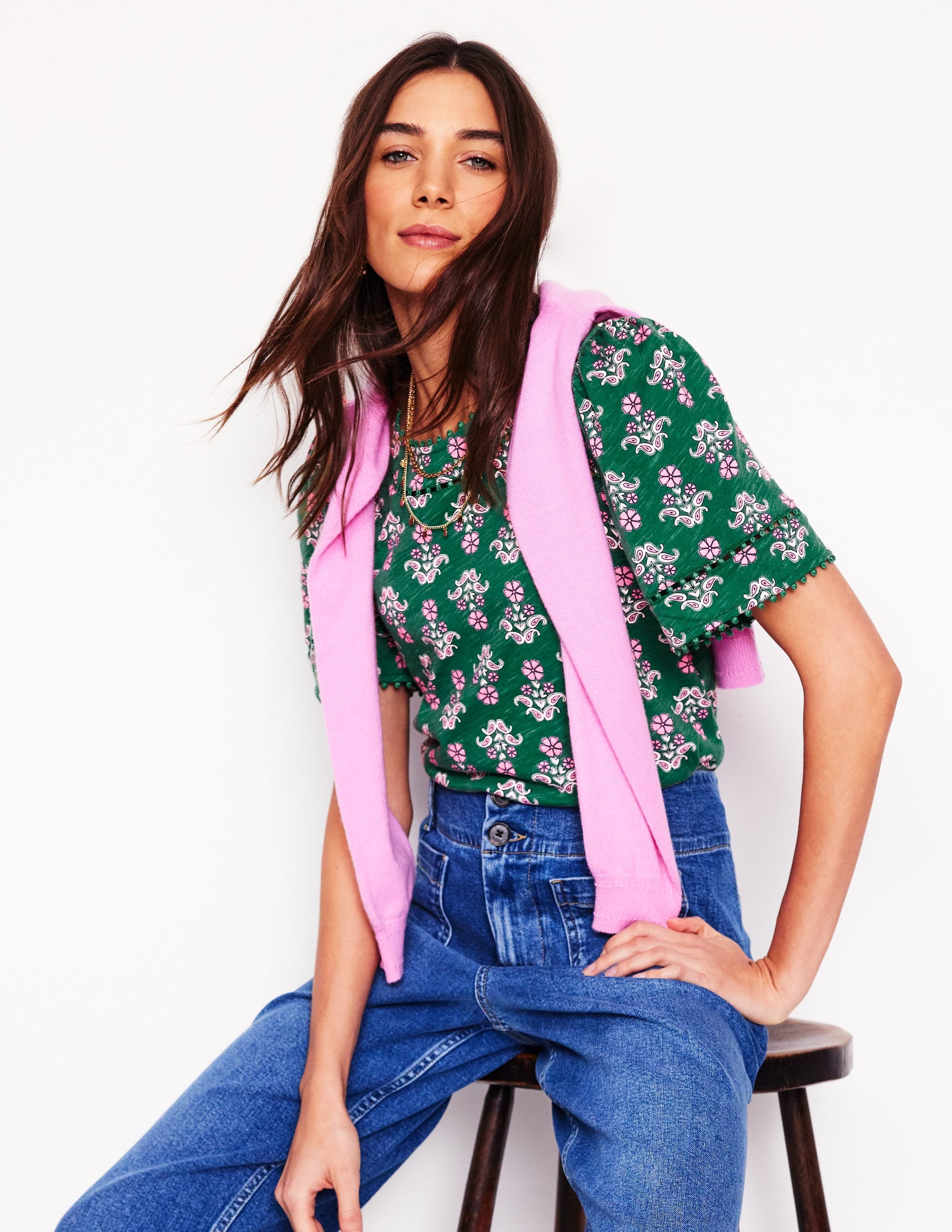 Mila Trim Detail Top-Forest Grass. Pansy Stamp