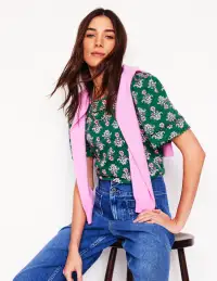 Mila Trim Detail Top-Forest Grass. Pansy Stamp