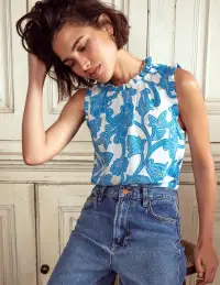 Sophie Ruffle Linen Top-Cerulean Blue. Paisley Whirl