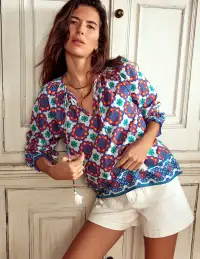 Easy Cotton Blouse-Bright Blue. Bloom Geo