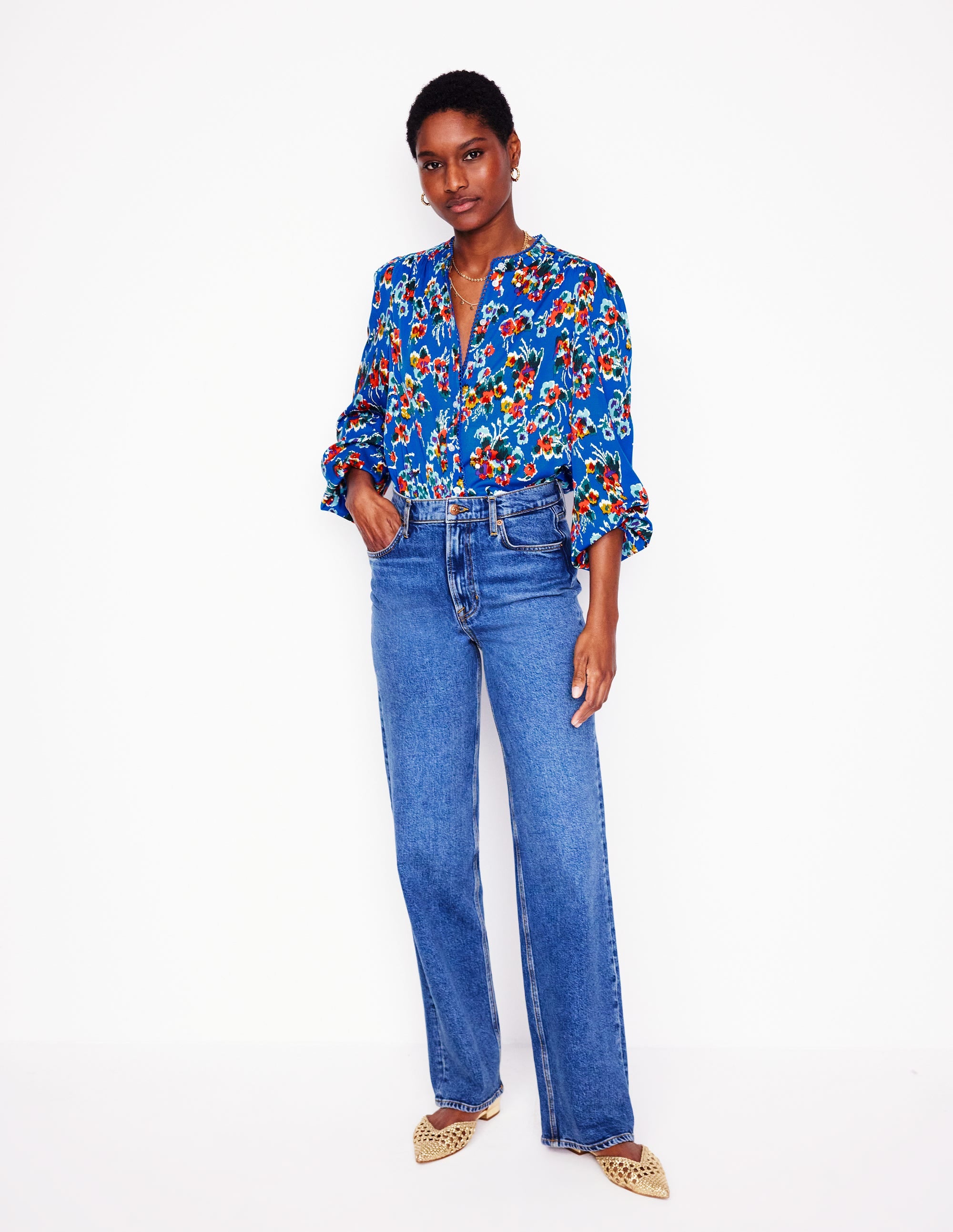 Ara Long Sleeve Top-Gallery Blue. Abstract Posy