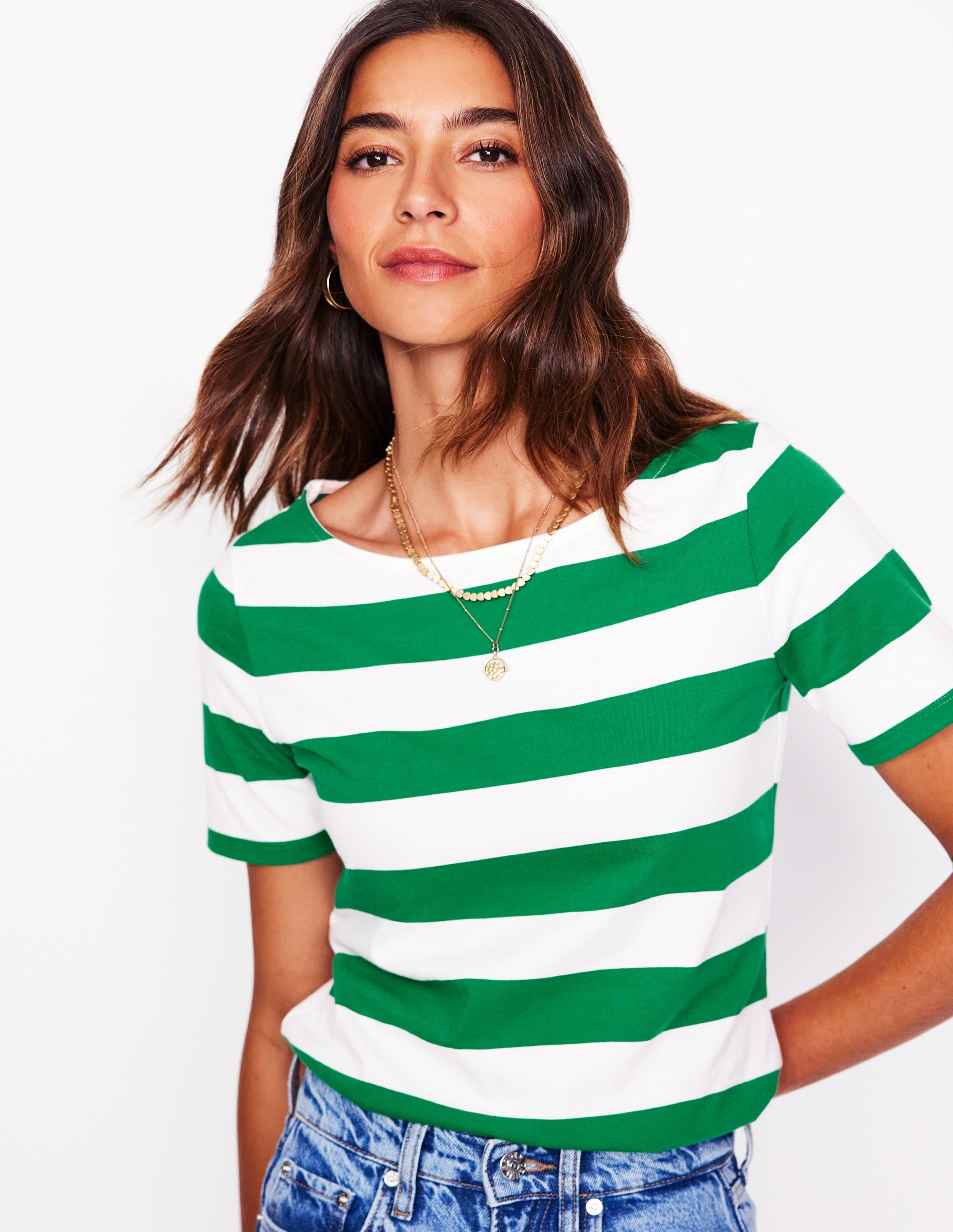 Ella Short Sleeve Breton-Ivory. Rich Emerald
