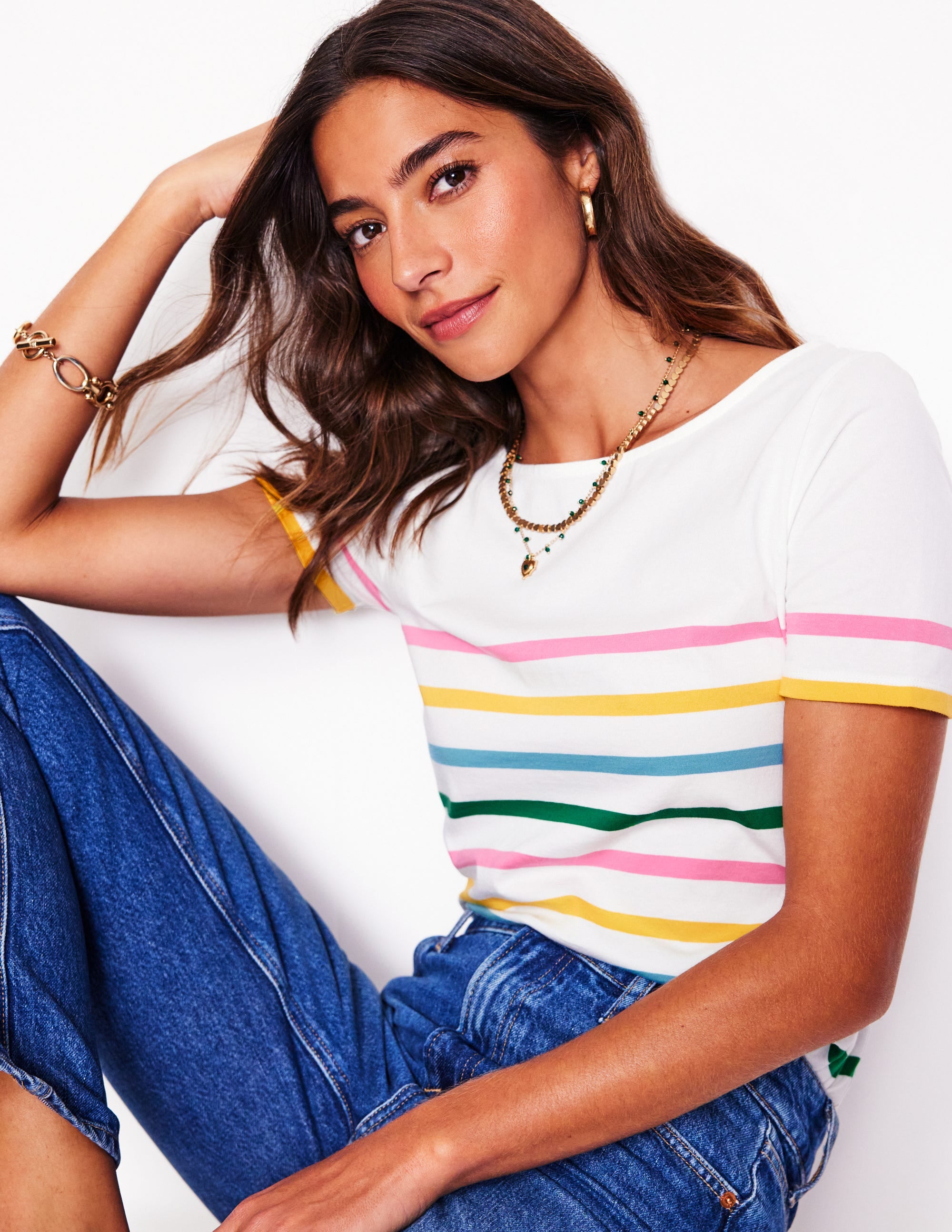 Ella Short Sleeve Breton-Pink. Yellow Placement Stripe
