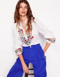 Embroidered Cotton Top-White. Multi Embroidery