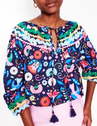 Smocked Cotton Blouse-French Navy. Decorative Garden