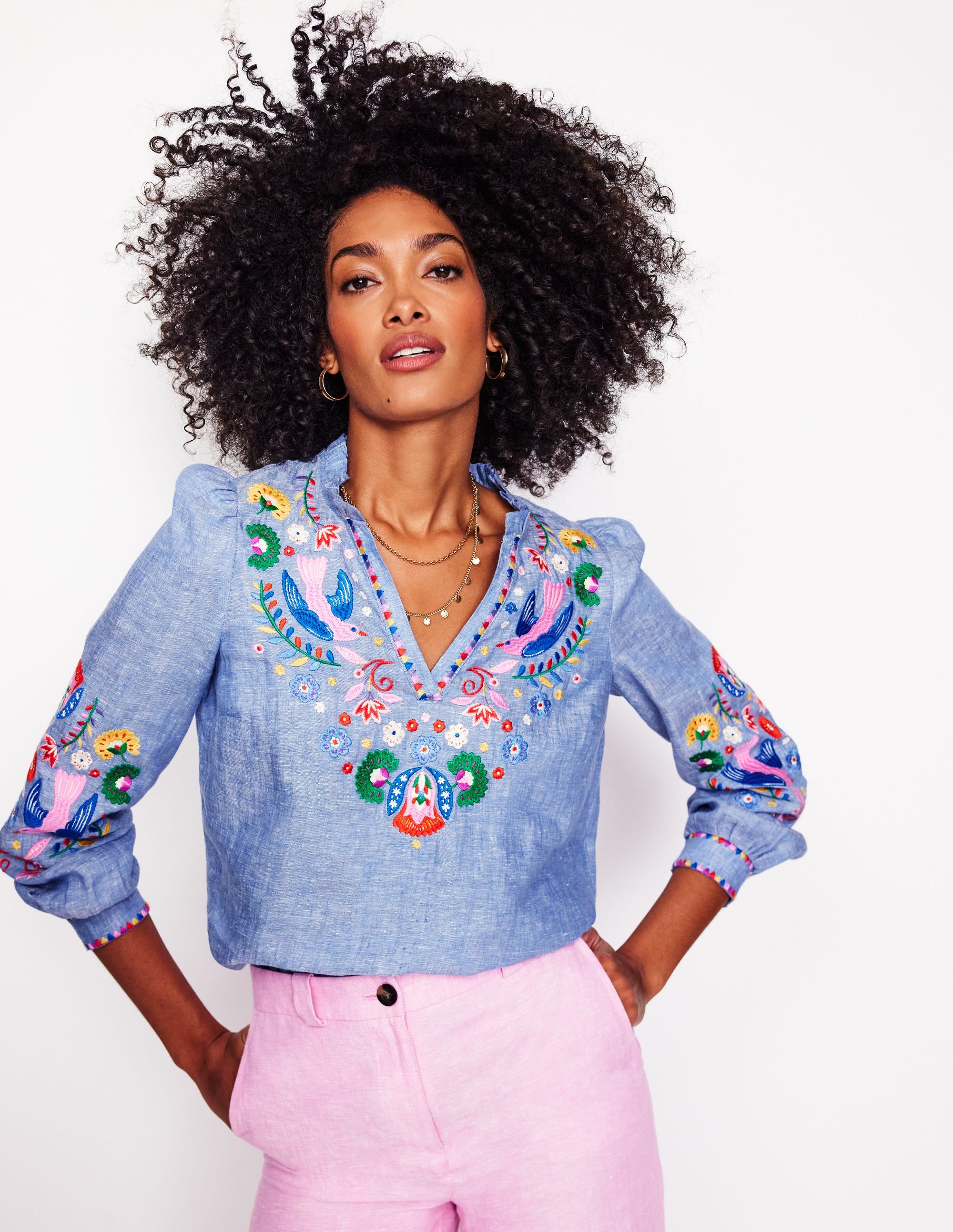Grace Linen Top-Chambray. Embroidered Birds