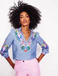 Grace Linen Top-Chambray. Embroidered Birds