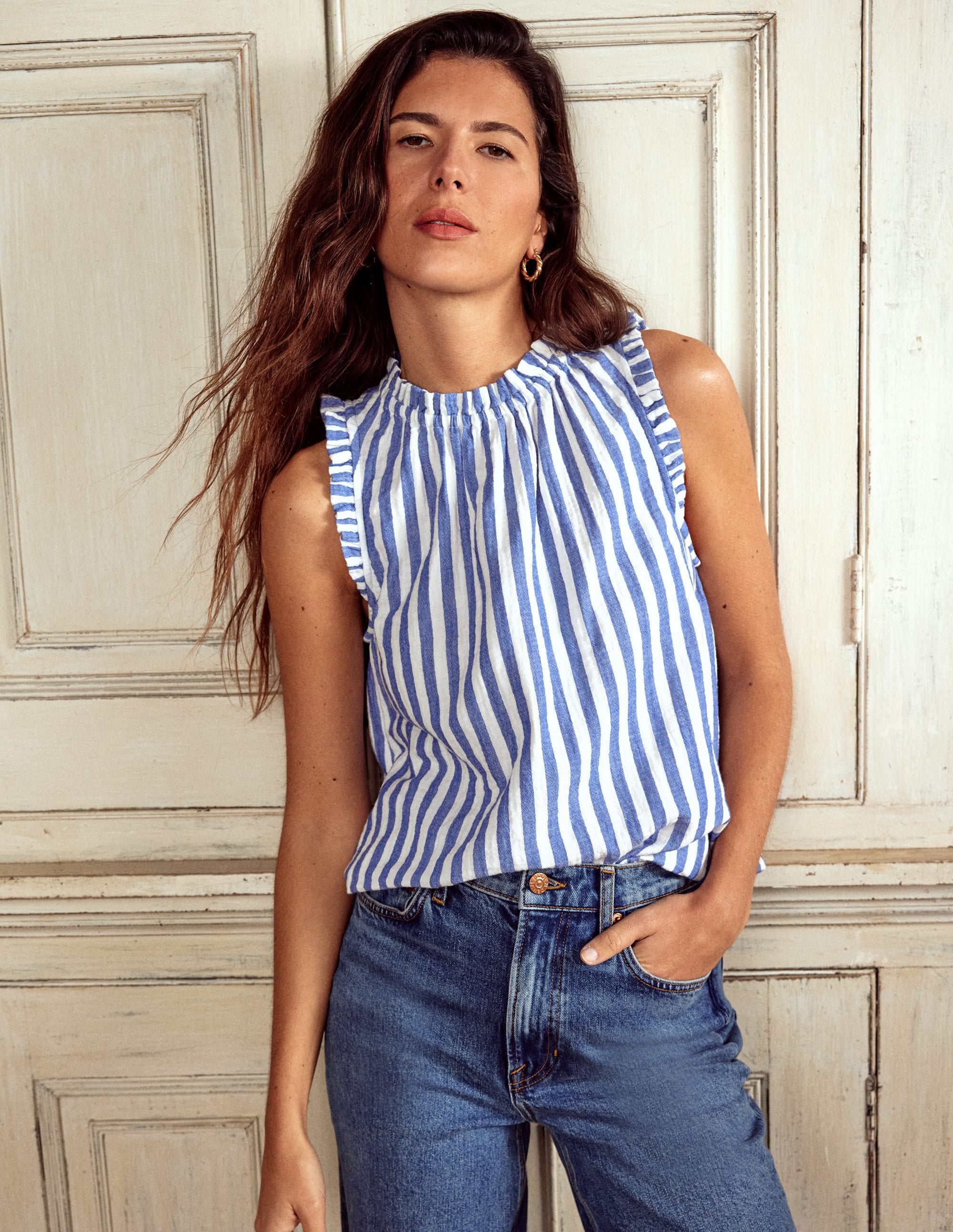 Sophie Ruffle Double Cloth Top-Bright Blue Stripe