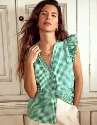 Frill Sleeve Seersucker Top-Rich Emerald Micro Gingham