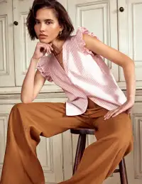 Frill Sleeve Seersucker Top-Pink Rose Fine Stripe