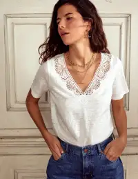 Lace Trim Linen T-shirt-Ivory
