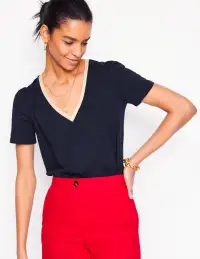Metallic Trim V Neck T-shirt-Navy(2)