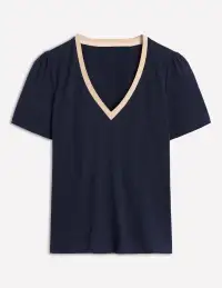 Metallic Trim V Neck T-shirt-Navy(2)