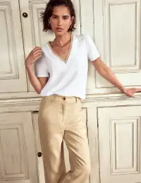 Metallic Trim V Neck T-shirt-White
